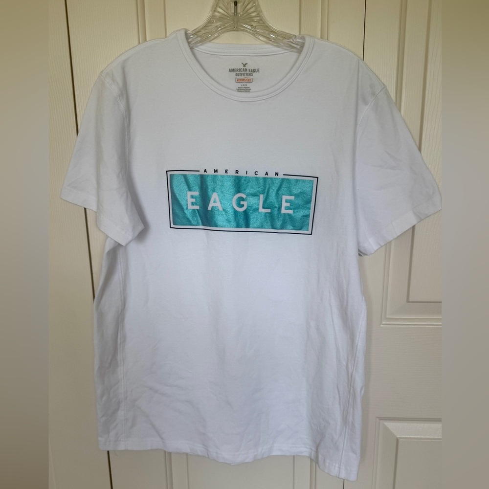 American Eagle Outfitters White Tee with Teal Logo